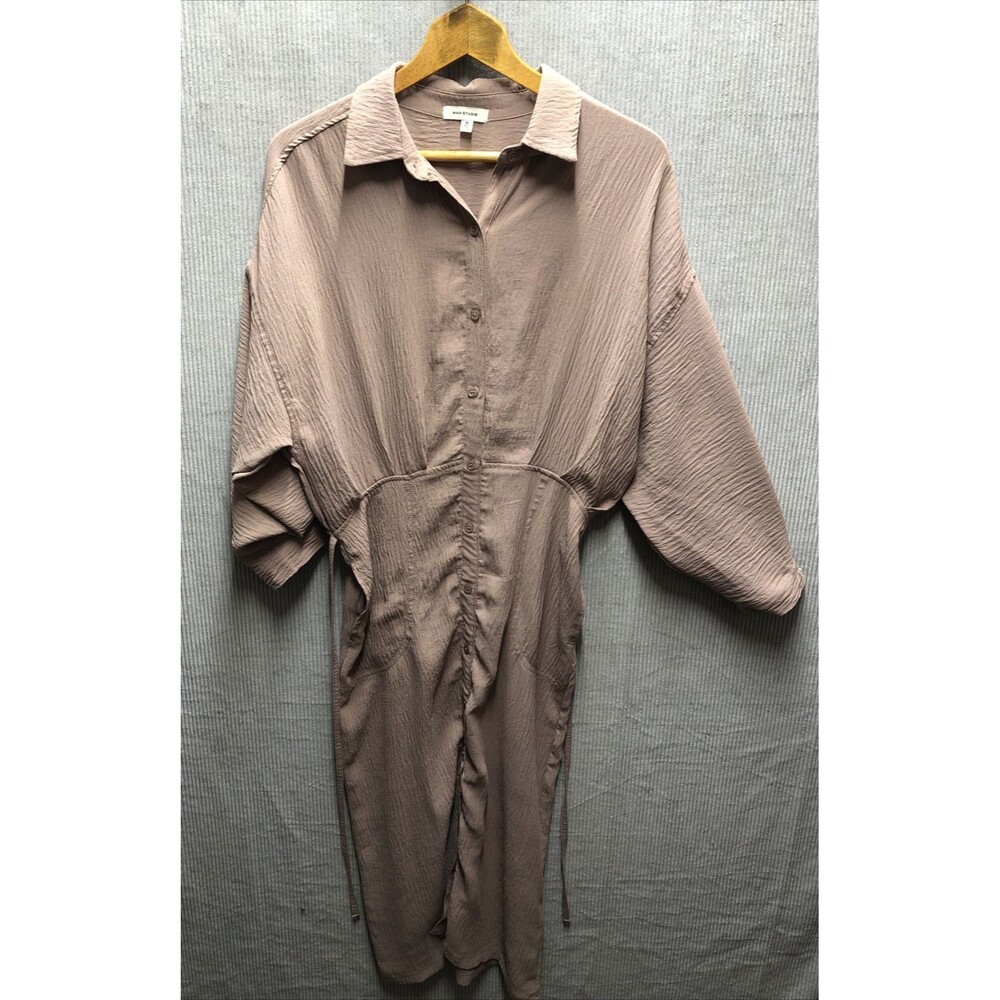 Max Studio Dress Size M Tan Button Up Pockets Tie Belt Roll Tab Sleeves Crinkle